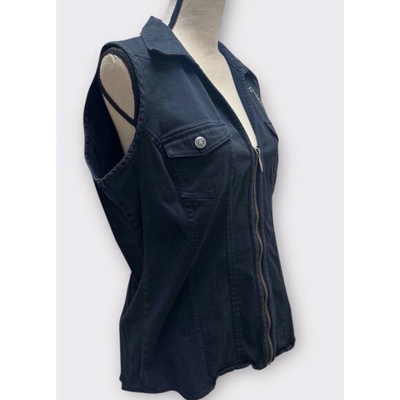 Harley Davidson Woman XL Black Denim Sleeveles Vest Biker Rhinestone Embellished - Picture 2 of 6